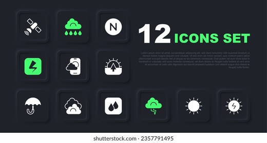 Set Sun, Solar energy panel, Weather forecast app, Cloud and lightning, Lightning bolt, with rain and Water drop icon. Vector