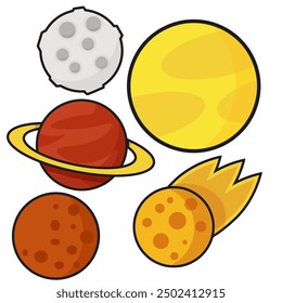 Set of Sun, Space Comet, Saturn and Moon