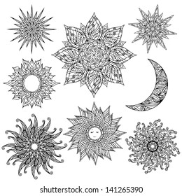 Set sun, stars, flowers moon - vector