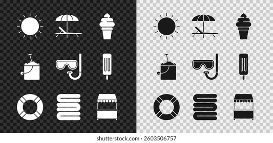 Set Sun, Sunbed and umbrella, Ice cream in waffle cone, Lifebuoy, Towel stack, Street stall with awning, Sand bucket shovel and Diving mask snorkel icon. Vector