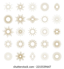 Set of sun, sunburst, light rays in line art. Bohemian symbol bursting sun rays. Magic talisman, antique style, boho, tattoo, logo isolated on white background. Vector illustration