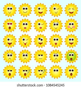 Set of Sun, Sunflowers Emoticons. Set of Emoji.