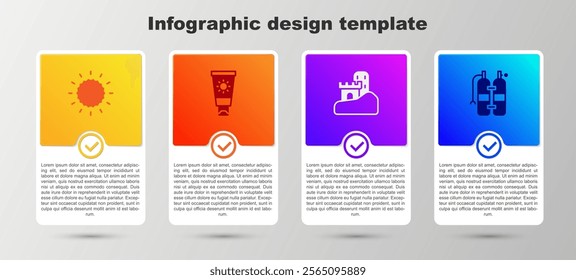Set Sun, Sunscreen cream in tube, Sand castle and Aqualung. Business infographic template. Vector