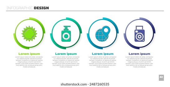 Set Sun, Sunscreen spray bottle, Location on the globe and Photo camera. Business infographic template. Vector