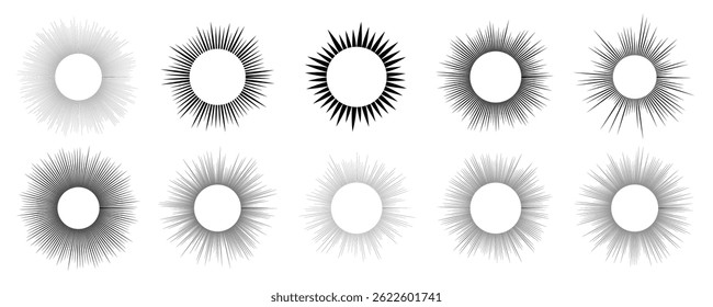 Set of sun symbols. Black sun rays on white background. Vector illustration