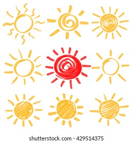 Set of sun symbols hand drawn by yellow and red highlighters. Optimized for one click color changes. Vector in EPS10 format with transparent colors.
