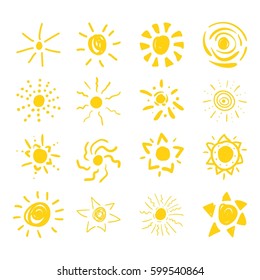 Set of sun symbols hand drawn by yellow and red highlighters. Optimized for one click color changes. Vector in EPS10 format with transparent colors.