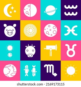 Set Sun, Taurus zodiac, Pisces, Planet Saturn, Astrology horoscope circle, Pig, Moon and stars and  icon. Vector