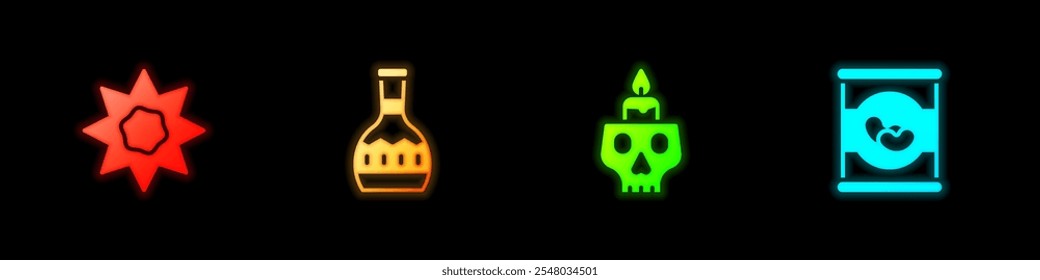 Set Sun, Tequila bottle, Burning candle on skull and Beans icon. Vector