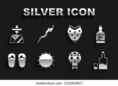 Set Sun, Tequila bottle, and glass, Mexican skull, Flip flops, Poncho, man sombrero and Snake icon. Vector