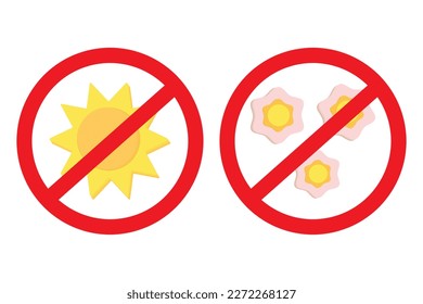 A set of sun and three flowers in the 3D style under the sign of a ban. Sticker. Icon. Isolate. EPS