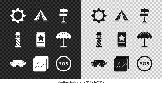 Set Sun, Tourist tent, Road traffic sign, Ski goggles, Photo, Location with SOS, Lighthouse and Mobile review rating icon. Vector
