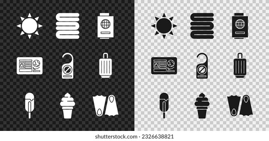 Set Sun, Towel stack, Passport with ticket, Ice cream, in waffle cone, Rubber flippers, visa stamp and Please do not disturb icon. Vector