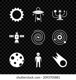 Set Sun, UFO abducts cow, Solar system, Moon, Alien, Comet falling down fast, Satellite and Black hole icon. Vector
