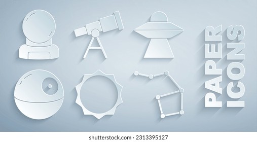 Set Sun, UFO flying spaceship, Death star, Great Bear constellation, Telescope and Astronaut helmet icon. Vector