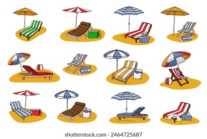 Set of sun umbrella, beach chair. Vacation, relax, holiday concept. Beach chairs, wooden deck chair, sun umbrella, picnic basket, sunbed. Summer vacation by the sea.