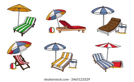 Set of sun umbrella, beach chair. Vacation, relax, holiday concept. Beach chairs, wooden deck chair, sun umbrella, picnic basket, sunbed. Summer vacation by the sea.