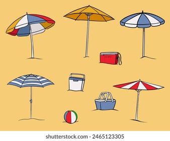 Set of sun umbrella. Vacation, relax, holiday concept. Sun umbrella, picnic basket. Summer vacation by the sea. Travel and vacation concept.