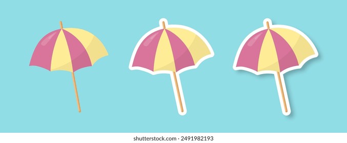 A set of sun umbrellas on a blue background. Stickers of beach umbrellas with shade. Cartoon retro style. Vector illustration.