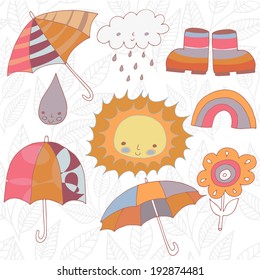 Set of sun, umbrellas, rain boots, rainbow and flower
