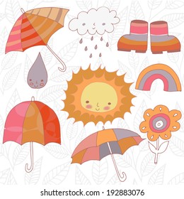Set of sun, umbrellas, rain boots, rainbow and flower