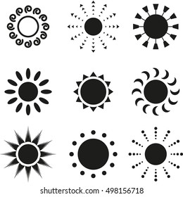 Set of sun vector icon. Black and white pictograph collection isolated.