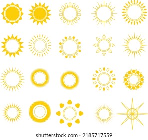 Conjunto de iconos del vector del sol, Colecciones de estrellas del sol amarillo, Icono del tiempo, Icono del vector de iconos del sol Icono de sol Icono de imagen aislado en fondo blanco.