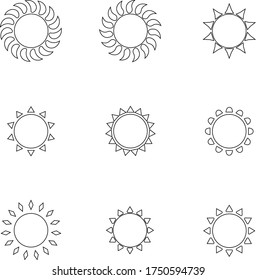 Set of sun vector icons illustrations. black, no color.