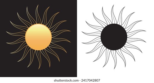 Set of sun vector icons. Retro gold, black, Sun burst shapes. Vintage light starburst logo, labels, badges. Sunburst minimal logo frames.3D sun vector
