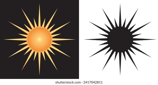 Set von Sonne-Vektorsymbol. Retro-Gold, Schwarz, Sonne-Berstformen. Vintage-Logo, Etiketten, Abzeichen. Minimaler Sonnenbrand-Logo-Rahmen.3D-Sonnenvektor