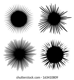 Set of sun vectors in black. Collection of suns with flare. Rays of the sun.