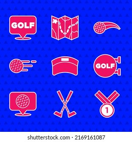 Set Sun visor cap, Crossed golf club, Medal, Golf sport, label, ball,  and  icon. Vector