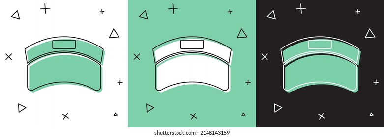 Set Sun visor cap icon isolated on white and green, black background. Sport equipment. Sports uniform.  Vector