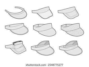 Set of Sun Visor caps - Embellished Natural Sport Transparent. Summer Head Fashion accessory hat clothing technical illustration. Vector headgear for Men women flat template CAD mockup sketch isolated