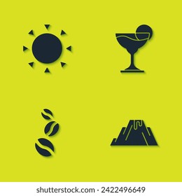 Set Sun, Volcano eruption with lava, Coffee beans and Margarita cocktail icon. Vector