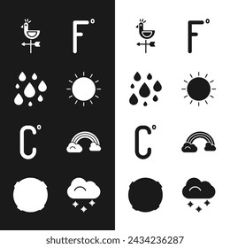 Set Sun, Water drop, Rooster weather vane, Fahrenheit, Celsius, Rainbow with clouds, Cloud snow and Moon icon. Vector