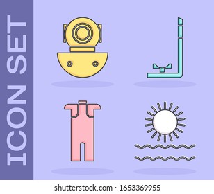 Set Sun and waves, Aqualung, Wetsuit para el submarinismo y Snorkel icono. Vector