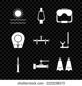 Set Sun and waves, Carabiner, Diving mask, Army knife, Industry metallic pipes valve, Rubber flippers for swimming, hood and Manifold icon. Vector