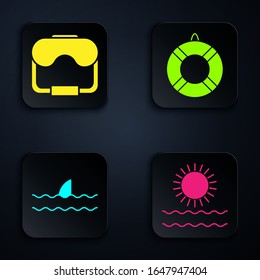 Set Sun and waves, Diving mask, Shark fin in ocean wave and Lifebuoy. Black square button. Vector