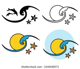 set of sun and waves icon logo vector symbol illustration outline style design. Vector sea landscape label, badge isolated on white
