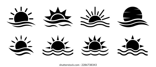 Set of sun with waves vector icons. Abstract sunset. Sea or ocean wave with sun. Summer landscape.