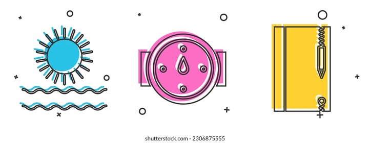 Set Sun and waves, Wind rose y Underwater note book and pencil icon. Vector