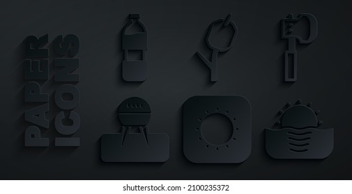 Set Sun, Wooden axe, Barbecue grill, Sunrise, Marshmallow on stick and Bottle of water icon. Vector