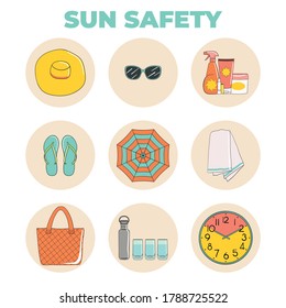 Set of sunbathing beach essentials icons. Skin protection and sun safety symbol. Summer time and vacation. Hand drawn vector illustration.