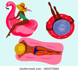 Set of sunbathing girls on rubber ring, flamingo and mattress. Summer vector illustration.