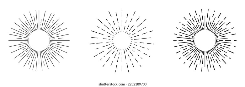 Set of sunbeams hand drawn, line drawing.