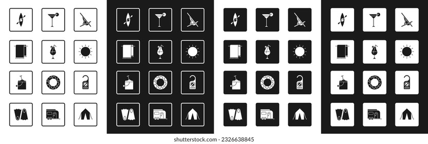 Set Sunbed, Cocktail and alcohol drink, Towel on hanger, Kayak or canoe paddle, Martini glass, Please do not disturb and Sand bucket with shovel icon. Vector