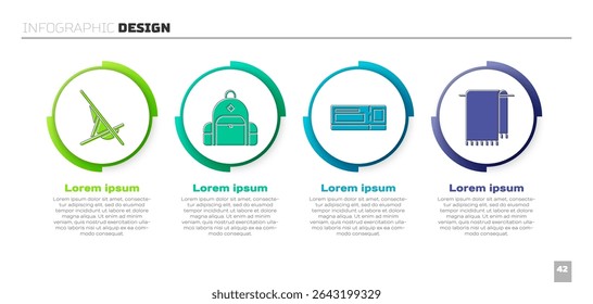 Set Sunbed, Hiking backpack, Travel ticket and Towel on a hanger. Business infographic template. Vector