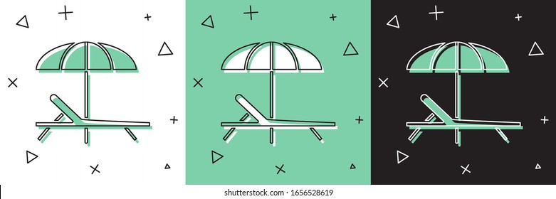 Set Sunbed icon isolated on white and green, black background. Beach umbrella and Sun lounger.  Vector Illustration