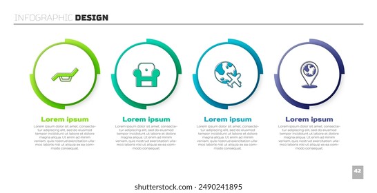 Conjunto de cama de sol y sombrilla, sillón, globo con avión volador y Locación en el globo. Plantilla de infografía de negocios. Vector